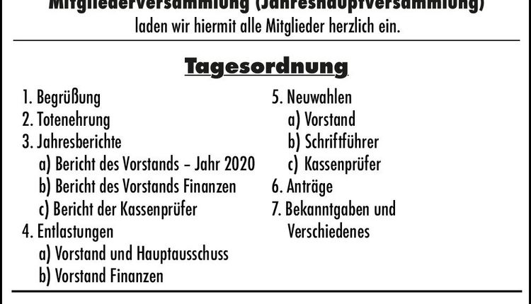 Einladung Mitgliederversammlung (Jahreshauptversammlung) 26.07.2021