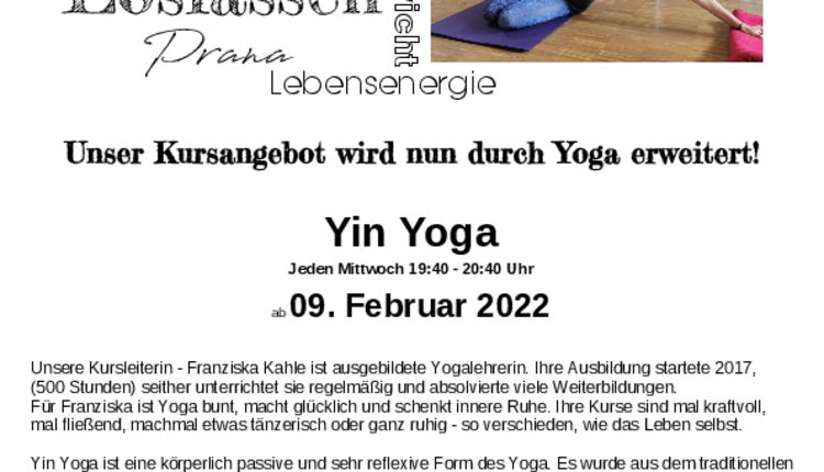 Fitness & Tanz startet mit Yoga ab 09.02.2022 