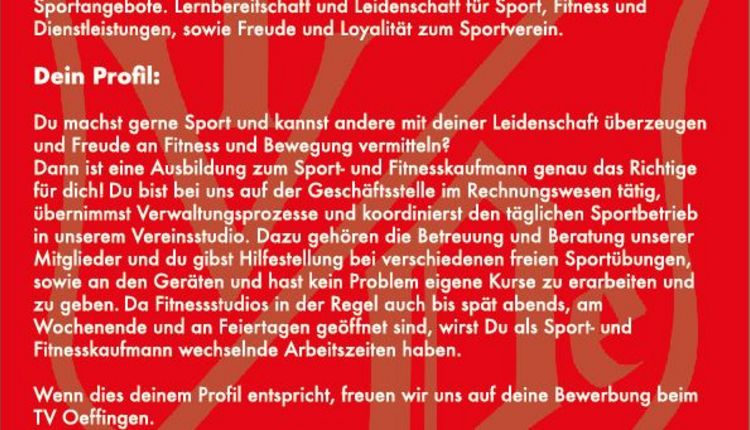AZUBI WANTED! Ausbildung: Sport – und Fitnesskaufmann/-Frau beim TV Oeffingen