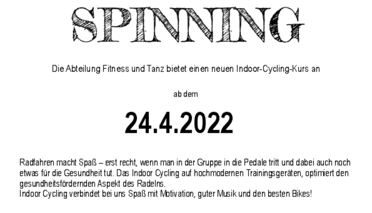  Fitness & Tanz startet auch Sonntags mit Spinning 