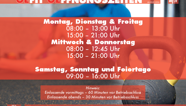 Neue Oeffnungszeiten im OeFit ab 01.01.2026
