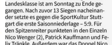 Fellbacher Zeitung nach der Niederlage Herren I am vergangenen Wochenende 