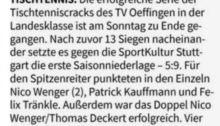 Fellbacher Zeitung nach der Niederlage Herren I am vergangenen Wochenende 