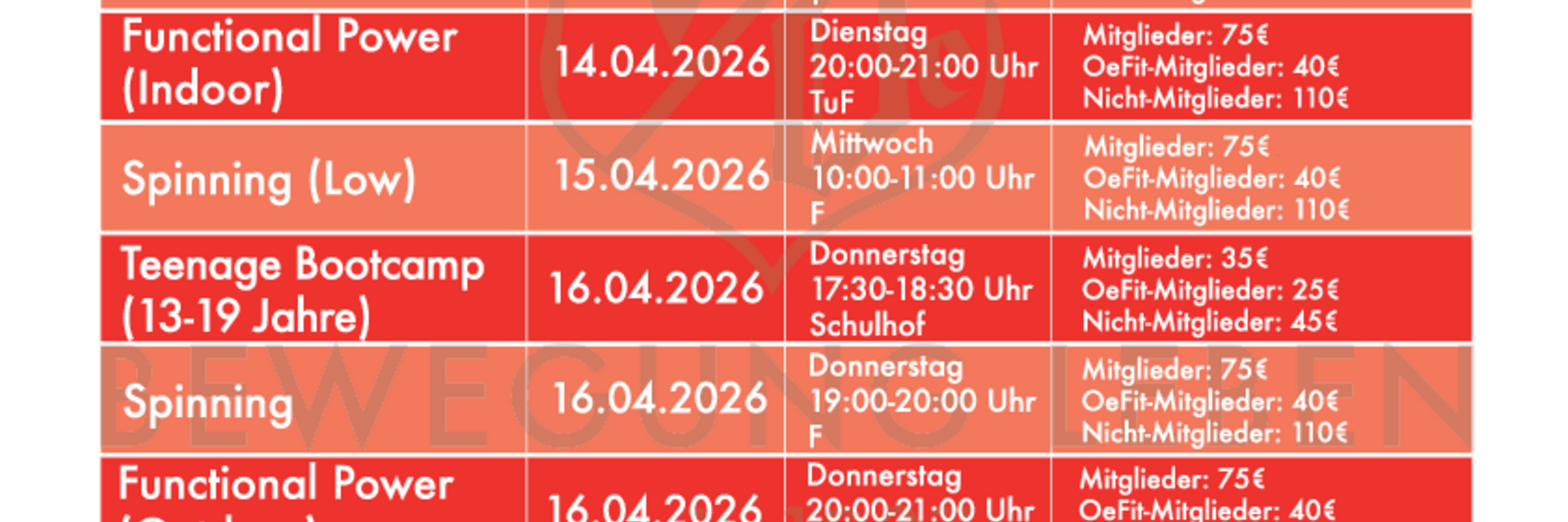 Kursangebot Block 2 - 2026 - Jetzt anmelden!