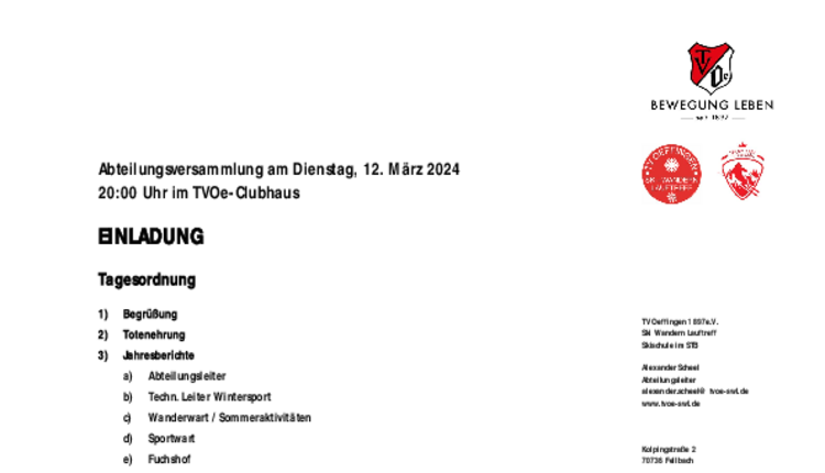SWL Abteilungsversammlung am Dienstag, 12. März 2024